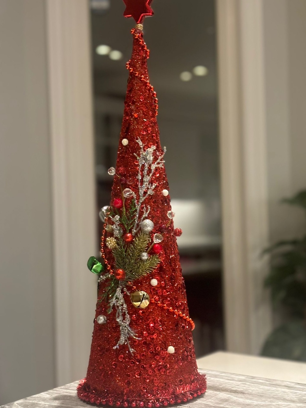 Festive Red Glitter Cone Christmas Tree Decoration - Brand: